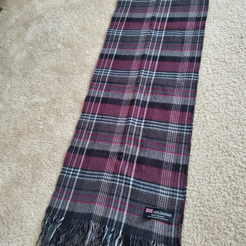 Cashmere Brown Grey Burgundy Plaid Scarf